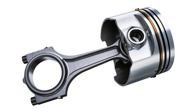 Shiny metal piston and connecting rod assembly, isolated on transparent background