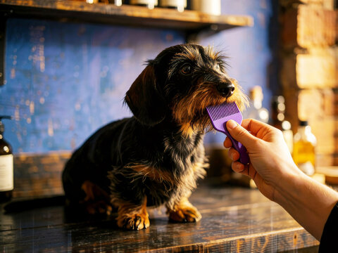Person brushing black and tan dachshund dog in a bar