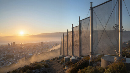 Fototapeta premium Sunset over city with fog and barriers on hilltop, showing skyline and landscape beyond