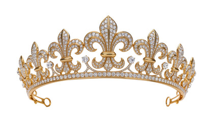 Ornate gold fleur-de-lis tiara encrusted with diamonds, isolated on transparent background © Maria