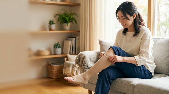 弾性ストッキングを履く女性（リンパ浮腫・むくみケア）