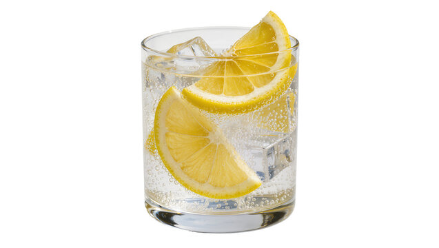 Clear carbonated beverage with ice cubes and lemon slices, isolated on transparent background