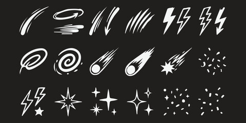 Set of hand drawn doodle comic motion effects and energy elements on a dark background ©  creative  marlia