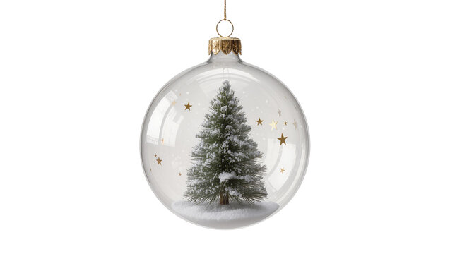 Clear glass Christmas ornament with miniature pine tree and snow, isolated on transparent background