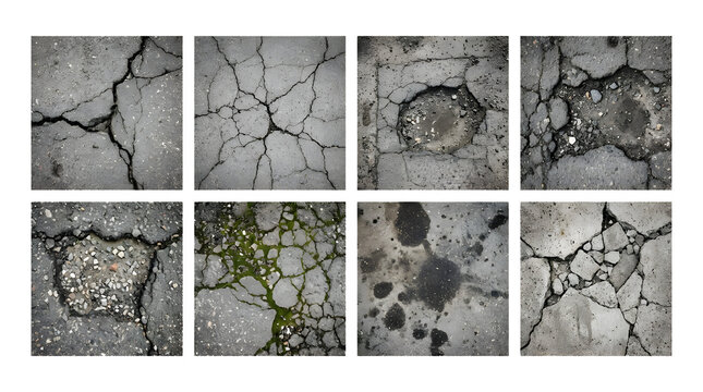 Cracked asphalt texture collection, set of 8 damaged concrete road surfaces, weathered grey pavement backgrounds with deep fissures and potholes