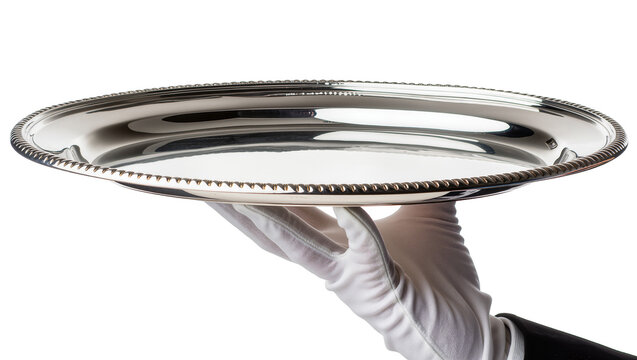 White gloved hand holding polished silver serving tray with beaded rim, isolated on transparent background