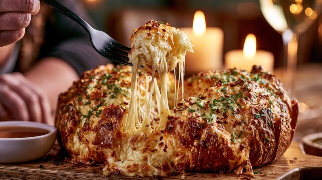 Cheesy pull-apart bread with herbs being served with a fork
