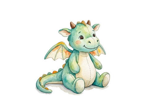Charming little green dragon illustration featuring a cute mythical creature sitting down with bright watercolor textures and soft artistic details designed for children storybooks printed on a clean 