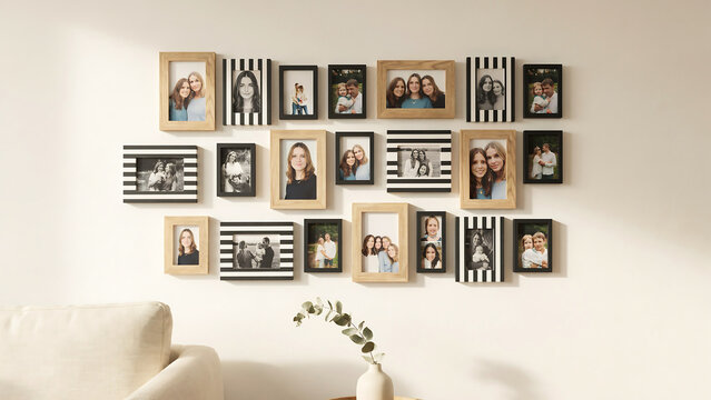 Collage of multiple photo frames on white wall interior design with pictures