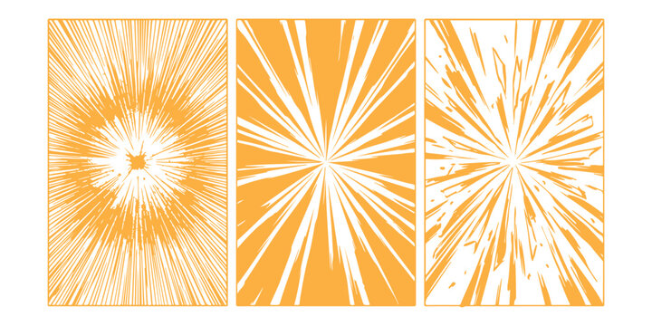 Abstract yellow sunburst rays and radial comic speed lines background set
