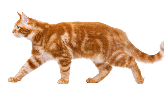 Ginger tabby cat with orange stripes walking, isolated on transparent background