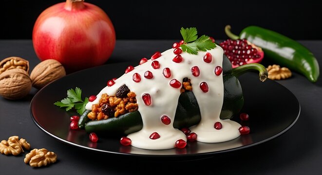  majestic Chile en Nogada served on a dark, elegant ceramic plate. The large poblano pepper is stuffed to capacity with a savory-sweet picadillo filling of minced pork, dried fruits, and walnuts. It i
