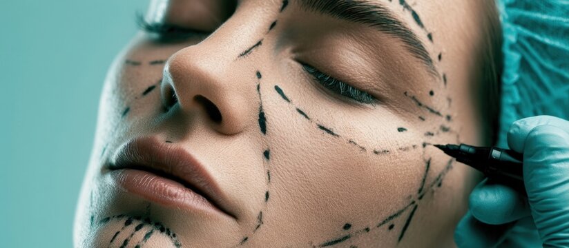 Close up of a woman's face marked with surgical pen lines for cosmetic procedure