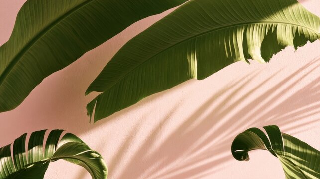 Close up of large green banana plant leaves casting shadows on a soft pink wall