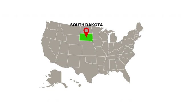 United States map with South Dakota state highlighted in green and marked with a red location pin
