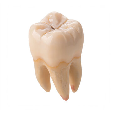 Human molar tooth with three roots showing enamel and dentin detail isolated on transparent background