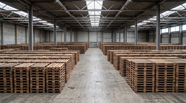  Massive industrial warehouse interior filled with neatly stacked empty wooden pallets, logistics and supply chain concept