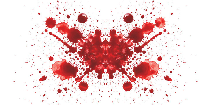 Symmetrical red ink blot splatter design resembling a rorschach psychological test