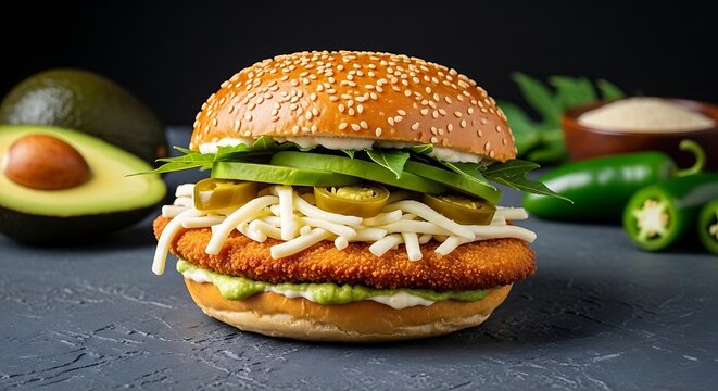 traditional Mexican Cemita Poblana sandwich sitting proudly on a dark gray concrete surface. The sesame-seeded brioche-style egg bun is packed to the limit with a crispy breaded milanesa cutlet, thic