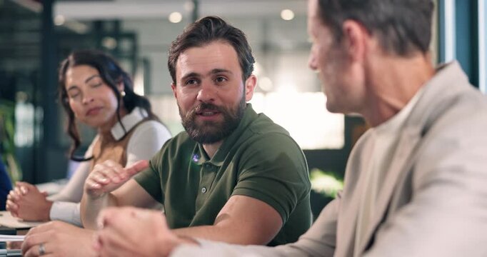 Sustainable, meeting or man in office with feedback, esg growth pitch or review on green operations. Briefing, team or csr advisor with plan, conservation proposal or discussion on ethical strategy.