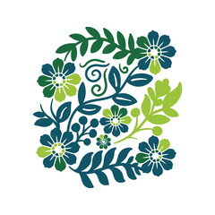 Elegant stylized floral composition featuring teal and green blossoms with decorative foliage © Kren Studio