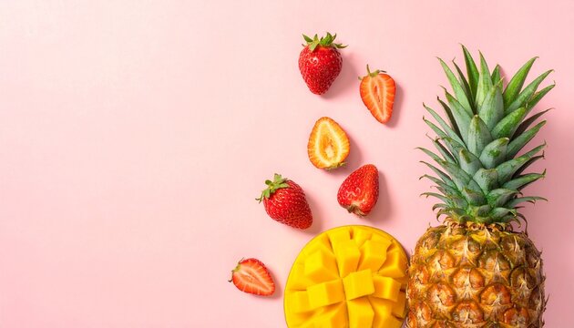 Fresh tropical fruit arrangement with pineapple, mango, and strawberries on a pink background, perfect for healthy eating concepts and summer vibes