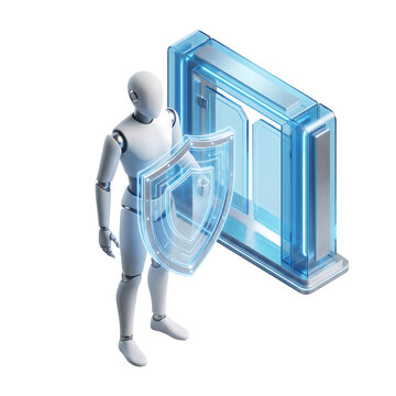 3D gatekeeper robot holding a holographic shield protecting a digital server gate