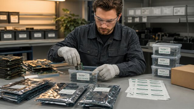 Worker tests circuit boards in a lab environment during a product quality check on a weekday afternoon