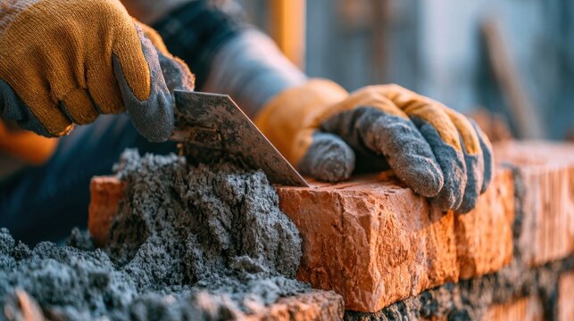 Construction worker applying mortar to red bricks with a trowel