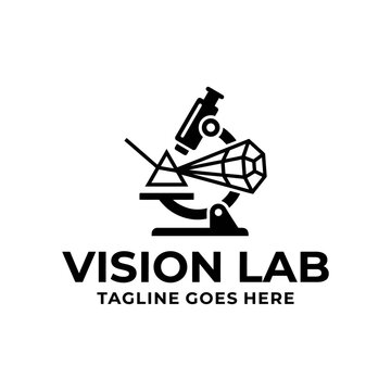 Scientific laboratory logo design showcasing a microscope analyzing a geometric crystal for research and tech.