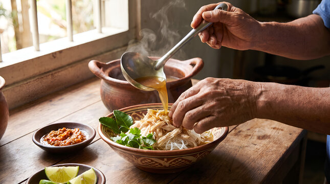 Adult hands preparing authentic Indonesian soto ayam with fresh ingredients and turmeric broth, ideal for culinary storytelling, hospitality marketing, ESG reports, and editorial use.