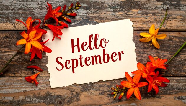 Autumn greeting with flowers and text on wood background