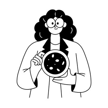 A hand drawn illustration depicting microbiologist studying bacteria
