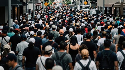 Fototapeta premium Large Crowd of Diverse People Walking Down a Busy Urban Street During Daytime, Crowded Public Event in City, People Walking, Urban Life, Commuting, Crowds, People, Walking, Outdoors