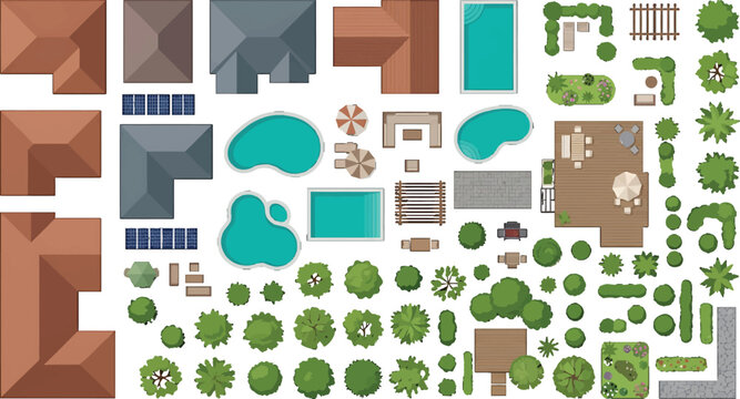 Top view residential house elements set with roofs swimming pools trees and garden furniture vector illustration