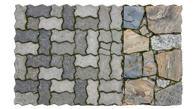 Interlocking concrete pavers and natural flagstone samples, grey cement paving stones and slate masonry textures, outdoor flooring materials for landscaping