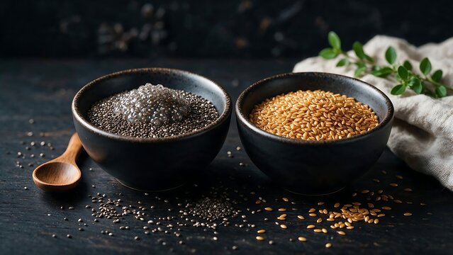 Chia seeds and golden flax seeds are arranged in two dark ceramic bowls placed side by side.