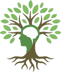 Fototapeta premium Illustration of a tree of life intertwined with a human head silhouette and a brain, symbolizing mental growth, psychology, and nature