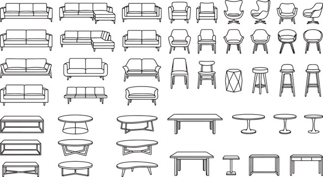 Set of modern furniture line art icons featuring sofas armchairs tables and stools for interior design