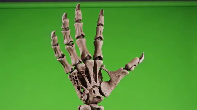 Creepy skeletal 3D zombie hand, with gruesome decaying skin and razor-sharp nails, dramatically lunges forward on a bright green screen for 4K chroma