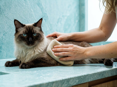 Siamese cat being dried with towel in bathroom