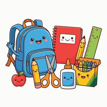 Cute school supplies in colorful cartoon vector style.