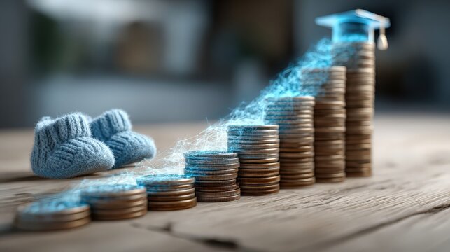 A stack of coins ascends in a stair-step fashion, topped with a graduation cap and surrounded by baby booties. ..Created with Generative AI, not depicting real subjects.