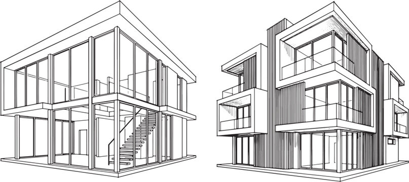 Modern residential house architectural sketches showing exterior perspective views of contemporary building designs in black line art