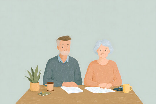 A Heartwarming Illustration of an Elderly Couple Engaged in Meaningful Conversation, Celebrating Love and Companionship Over Coffee at Their Cozy Table