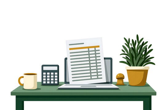 Elegant and Organized Workspace Setup for Enhanced Productivity with Laptop, Calculator, Coffee Mug, and Indoor Plant Perfect for Modern Business Environments