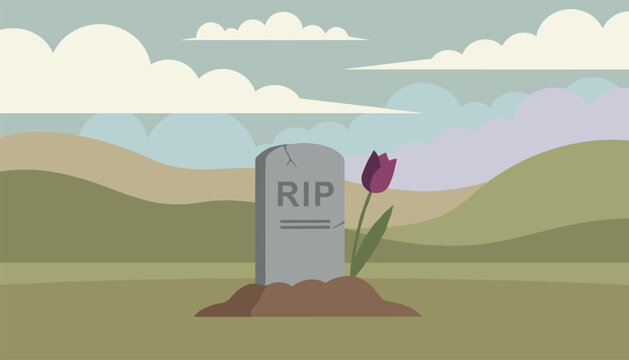 Gravestone marked with RIP standing in a peaceful grassy cemetery field with a single purple tulip next to it.