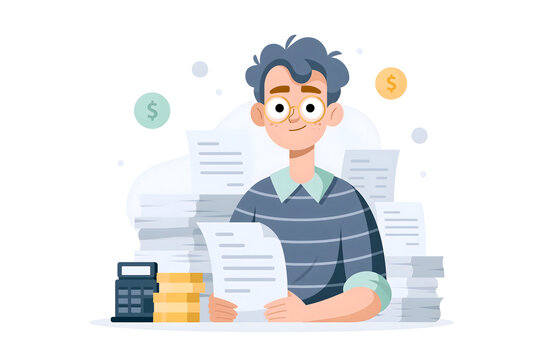 A Young Professional Managing Finances: The World of Accounting and Business Management through Paperwork and Calculations