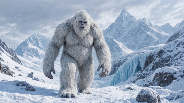 Legendary yeti or abominable snowman walking through snowy mountain landscape. Mythical bigfoot creature in frozen wilderness.