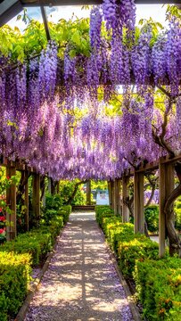 Beautiful purple wisteria flowers cascading over garden walkway archway